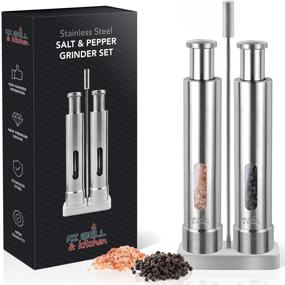 img 4 attached to 🧂 Refillable Stainless Steel Salt and Pepper Grinder Set - Mini Mill Shakers with Push Button - Portable Modern One Hand Travel for Himalayan Pink Salt and Black Peppercorns Spice by AZ-GRILL & Kitchen