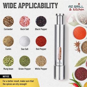 img 1 attached to 🧂 Refillable Stainless Steel Salt and Pepper Grinder Set - Mini Mill Shakers with Push Button - Portable Modern One Hand Travel for Himalayan Pink Salt and Black Peppercorns Spice by AZ-GRILL & Kitchen