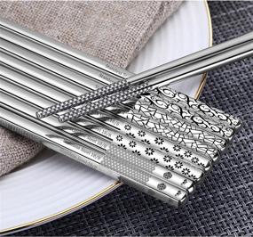 img 1 attached to 🥢 Stainless Steel Metal Chopsticks - Reusable, Non-slip, Cute Laser Engraved - Korean, Japanese, Chinese Style - Dishwasher Safe - 9 1/4 Inches - 5 Pairs