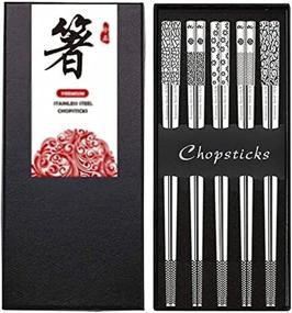 img 4 attached to 🥢 Stainless Steel Metal Chopsticks - Reusable, Non-slip, Cute Laser Engraved - Korean, Japanese, Chinese Style - Dishwasher Safe - 9 1/4 Inches - 5 Pairs