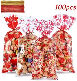 img 2 attached to Blulu 100 Pieces Plastic Valentines Party Treat Bags with Cupid's Arrow Print Pattern - Perfect for Candy and Gifts, 200 Gold and Red Twist Ties Included for Valentines Theme Party Decorations