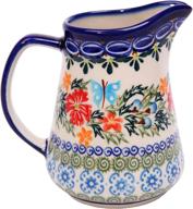 🍶 authentic polish pottery ceramika boleslawiec pitcher jacek 1 - royal blue with red cornflower and blue butterflies motif - 1 cup capacity logo