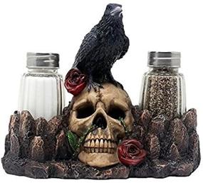 img 4 attached to 🦇 Raven Perched on Human Skull Salt and Pepper Shaker Set with Display Stand - Perfect for Halloween Decor, Medieval & Gothic Kitchen Table Decor, and Spooky Fantasy Gifts