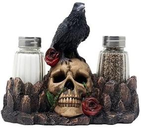 img 3 attached to 🦇 Raven Perched on Human Skull Salt and Pepper Shaker Set with Display Stand - Perfect for Halloween Decor, Medieval & Gothic Kitchen Table Decor, and Spooky Fantasy Gifts