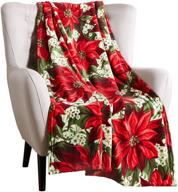 🎄 pretty poinsettia holiday decorative throw blanket: soft and comfy fleece with flower and leaf pattern - perfect accent for couch or bed, colored in red, green, white, and yellow logo