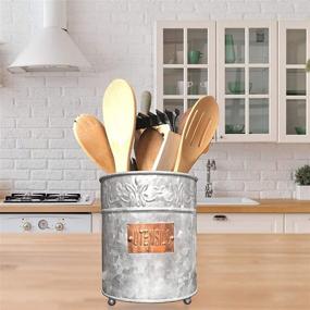 img 3 attached to 🍴 Autumn Alley Farmhouse Kitchen Utensil Holder: Large Embossed Galvanized Steel with Rustic Copper Label for Farmhouse Decor Charm and Versatile Countertop Storage - Vintage Home Decor (7.5” x 5.87”)