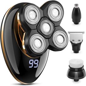 img 4 attached to 🔋 5-in-1 Electric Head Shaver for Men - Waterproof Bald Head Shaver with LED Display, Rechargeable Rotary Shavers for Wet Dry Shaving - Includes Clipper, Nose Trimmer, Facial Brushes (Yellow)