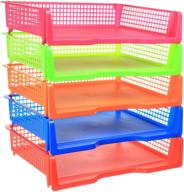 📚 zilpoo 5 tier plastic desk letter organizer trays - stackable classroom desktop document paper storage, landscape side load file holder - assorted colors логотип