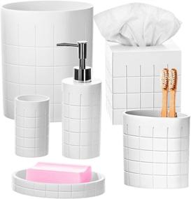 img 4 attached to 🛁 White Bathroom Accessories Set - 6 Piece Bathroom Accessory Collection with Soap Dispenser, Toothbrush Holder, Tumbler, Soap Dish, Square Tissue Cover, and Wastebasket
