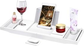 img 4 attached to 🛀 Enhance Your Bathing Experience with VIVOHOME's Versatile 43 Inch Bamboo Bathtub Caddy Tray - Smartphone Tablet Book Holders, Soap Tray, Wine Glass Slot, White