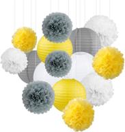 15-piece party decoration paper lanterns and pompoms set - white, yellow, grey - perfect for baby showers, birthdays, weddings, bridal showers, graduations, home decor logo