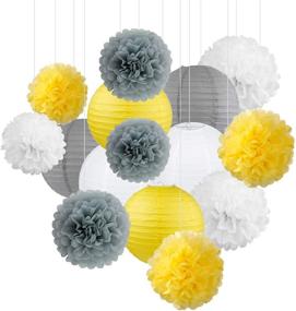 img 1 attached to 15-Piece Party Decoration Paper Lanterns and Pompoms Set - White, Yellow, Grey - Perfect for Baby Showers, Birthdays, Weddings, Bridal Showers, Graduations, Home Decor