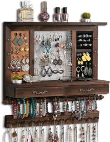 img 4 attached to Rustic Wall Mounted Jewelry Organizer Mesh - Hanging Jewelry Holder for Earrings & Necklaces with Drawer - Jewelry Box Included