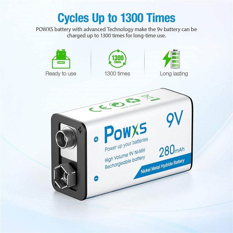 POWXS Rechargeable 9v Batteries with Charger, 2 Count High Performance NIMH  9 Volt Rechargeable Battery for Smoke Alarms Guitar Cameras Toys and More