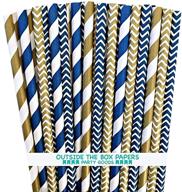 🔶 navy blue and gold chevron and stripe paper straws - 7.75 inches, 100 pack - navy blue, gold, white by outside the box papers logo