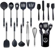 🍳 nonstick silicone kitchen utensils set, 15-piece stainless steel handle cooking utensils, heat resistant, bpa free, dishwasher safe - black logo