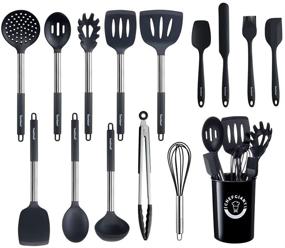 img 4 attached to 🍳 Nonstick Silicone Kitchen Utensils Set, 15-Piece Stainless Steel Handle Cooking Utensils, Heat Resistant, BPA Free, Dishwasher Safe - Black