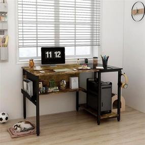 img 2 attached to 🖥️ Frunimall 39'' Small Computer Desk with Storage Shelves and Bookshelf - Rustic Brown, Industrial Modern Study Writing Table for Home Office with Splice Board