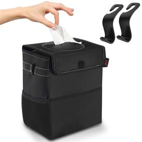 img 4 attached to Leak-Proof Car Trash Can with Lid, Storage Pockets & Waterproof Lining - Automotive Garbage Container for Cars (Black)