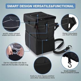 img 2 attached to Leak-Proof Car Trash Can with Lid, Storage Pockets & Waterproof Lining - Automotive Garbage Container for Cars (Black)