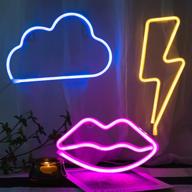 3-pack led decorative neon night signs - pink lip, blue cloud & warm lightning shaped neon wall decoration lights with hanging hook holes - led light party supplies for weddings, birthdays, holidays & home decor логотип