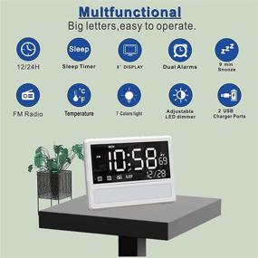 img 3 attached to Enhance Bedroom Organization with SICSMIAO Large Digital Alarm Clock Radio for Bedroom, 8'' Dimmable Calendar Day Clock, FM Radio, Night Light, 12/24H, USB Charger Ports (White)