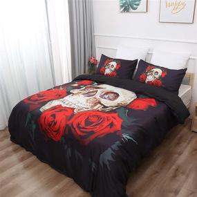 img 3 attached to 💀 Red Rose Skull Bedding Duvet Set: 3D Floral Skull Print, Zipper Closure, Gothic Decor for Adults - Queen Size