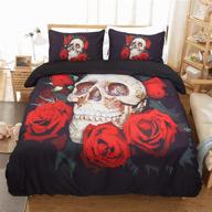 💀 red rose skull bedding duvet set: 3d floral skull print, zipper closure, gothic decor for adults - queen size logo