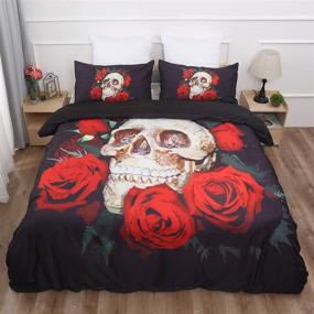 img 1 attached to 💀 Red Rose Skull Bedding Duvet Set: 3D Floral Skull Print, Zipper Closure, Gothic Decor for Adults - Queen Size