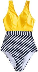 img 3 attached to 👙 CUPSHE Women's Yellow V Neck and Striped Bottom One Piece Swimsuit: Trendy & Flattering Swimwear for Women