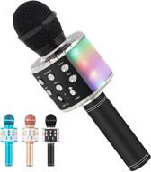 🎤 wireless bluetooth karaoke microphone for kids singing, 5-in-1 portable mic speaker player recorder with led lights for home party birthday - black logo