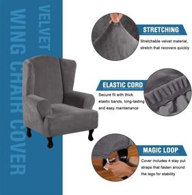 img 3 attached to 🪑 Super Stretch Stylish Furniture Cover: Wingback Chair Slipcover in Durable Soft Velvet Plush – Machine Washable & Skid Resistant (Grey)