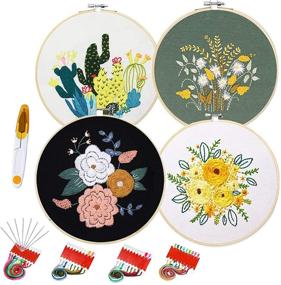 img 4 attached to 🌸 DeeCoo 4-Pack Embroidery Starter Kit - Pattern & Instructions Included, Cross Stitch Set with Full Range of Stamped Embroidery Kits - Includes 4 Embroidery Clothes featuring Plants and Flowers, Plus 2 Embroidery Hoops