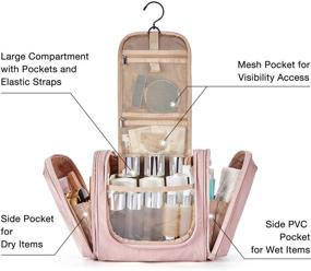 img 3 attached to Водонепроницаемая туалетная сумка для женщин от BAGSMART - органайзер для путешествий с вешалкой для шампуня, полноразмерными контейнерами и туалетными принадлежностями - розовая косметичка для косметики.