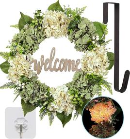 img 4 attached to Sipull Hydrangea Wreath with Lights: 18.5-Inch Spring/Summer Front Door Decoration in Green/White - Perfect Farmhouse Outdoor Wreath for a Welcoming Entrance