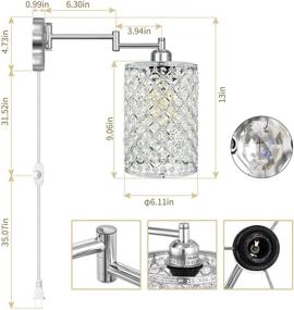 img 3 attached to 💡 Modern Industrial Swing Arm Wall Sconce with Dimmable Crystal, Metal Round Lampshade and E26 Base for Home Decor - Plug-in Wall Lamp with 67.59 inch Cord