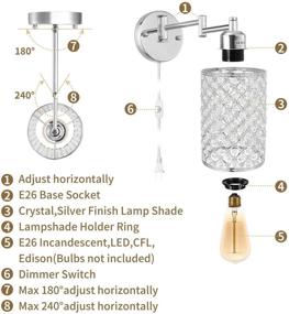 img 2 attached to 💡 Modern Industrial Swing Arm Wall Sconce with Dimmable Crystal, Metal Round Lampshade and E26 Base for Home Decor - Plug-in Wall Lamp with 67.59 inch Cord