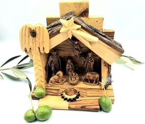 img 2 attached to 🎄 Zuluf Hand-Carved Nativity Set with Bark Roof from Bethlehem | Holy Land Olive Wood Certificate Included | 4.7 Inches | NAT022 12x12x8.7cm