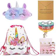 🦄 magical unicorn surprise set: drawstring backpack, sleep mask, necklace, bracelet & hair ties for girls logo