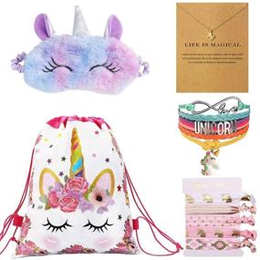 img 2 attached to 🦄 Magical Unicorn Surprise Set: Drawstring Backpack, Sleep Mask, Necklace, Bracelet & Hair Ties for Girls