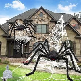 img 4 attached to 🕷️ Halloween Decorations - Giant Spider Set of 2, 50'' each, Triangular Spider Web 200'', Round Spider Web 100'', Hook, Stretch Web, Ground Stakes - Indoor Outdoor Halloween Decor, Haunted House Props