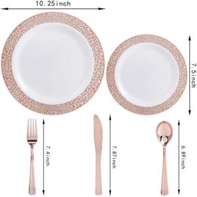 img 3 attached to IIOOOO 100 Piece Rose Gold Plates with Plastic Silverware - Elegant Lace Disposable Dinnerware Set: 20 Dinner Plates, 20 Dessert Plates, 20 Forks, 20 Knives, 20 Spoons