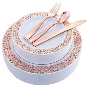 img 4 attached to IIOOOO 100 Piece Rose Gold Plates with Plastic Silverware - Elegant Lace Disposable Dinnerware Set: 20 Dinner Plates, 20 Dessert Plates, 20 Forks, 20 Knives, 20 Spoons