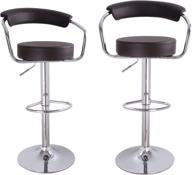 adeco set of two brown leatherette cushioned barstool chairs with adjustable curved back, chrome arms, and pedestal base логотип