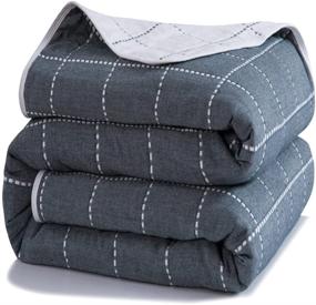 img 4 attached to 🔥 Premium 6-Layer Toddler Blanket - 100% Muslin Cotton - Navy Dotted Line Plaid Style - Ideal Spring Summer Quilt/Throw Blanket for Teens, Adults - Size: 45"x56