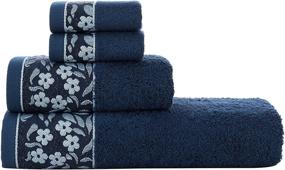 img 4 attached to Halley Decorative Bath Towels Set, 4 Piece - Turkish Towel Set with Floral Pattern, 100% Cotton - Highly Absorbent & Fade Resistant Fabric - Navy Blue