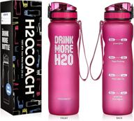h2ocoach motivational sports water bottle - 36 oz with time marker, reusable, fruit infuser filter - drink more, 1 liter logo