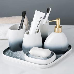 img 3 attached to Stylish 5-Piece Gradient Blue Ceramic Bathroom Accessories Set - Complete Home Decor Collection with Toothbrush Holder, Soap Dish, Tumblers, and Soap Dispenser (Blue)