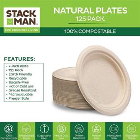 img 2 attached to 🍽️ Pack of 125 7-Inch Heavy-Duty Compostable Paper Plates - Eco-Friendly Sugarcane Fiber Bagasse Plates, Unbleached Brown, Biodegradable by Stack Man