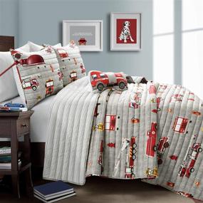 img 1 attached to Vibrant Reversible Fire Truck Print Quilt Set - Make A Wish, Twin Size in Red & Gray